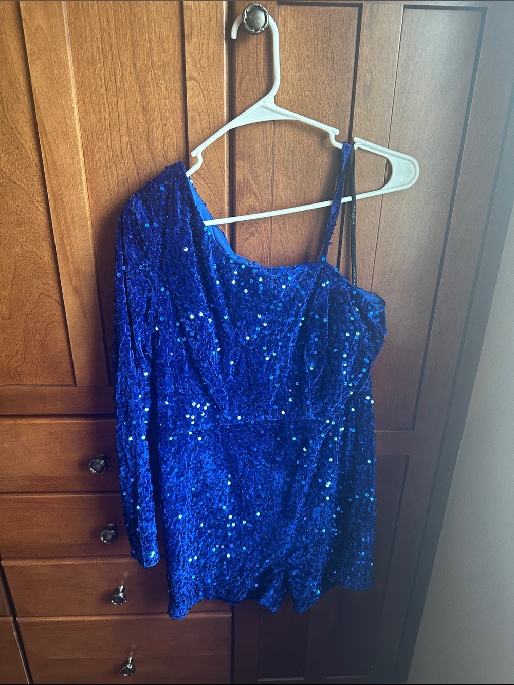 Blue Sequin One-Shoulder Romper